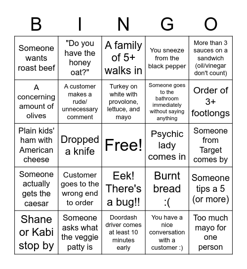 Subway Bingo Card