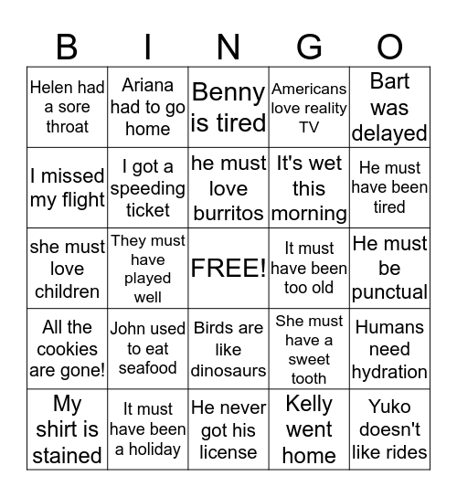 Assumptions Bingo Card