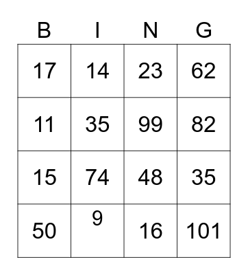 Place Value Bingo Card