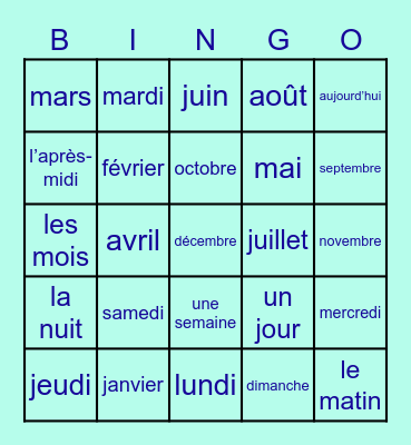 Jours et Mois (français) Bingo Card