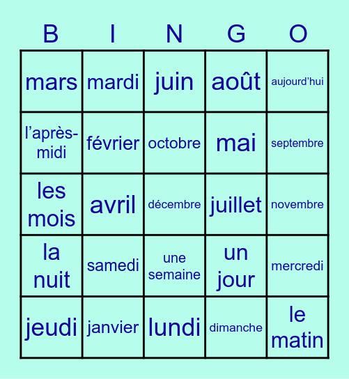 Jours et Mois (français) Bingo Card