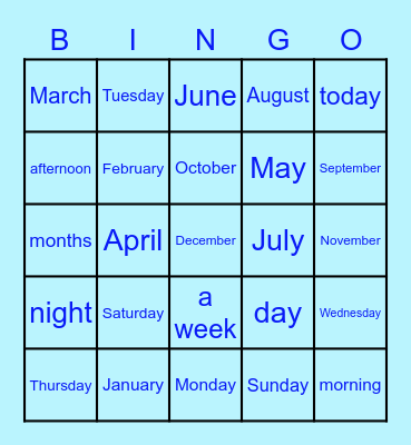 Jours et Mois (anglais) Bingo Card