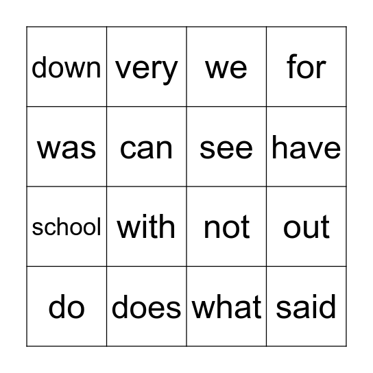 High Frequency Word Bingo Card