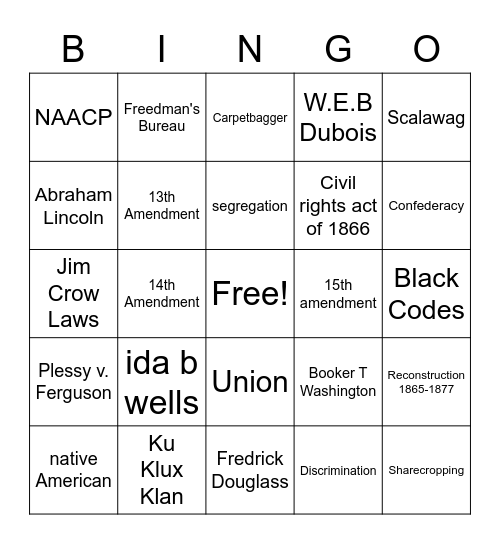 reconstruction era Bingo Card