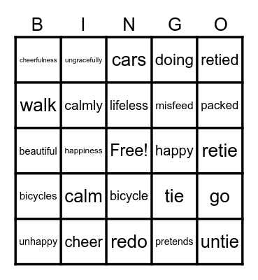 Prefixes/Suffixes/Root words Bingo Card