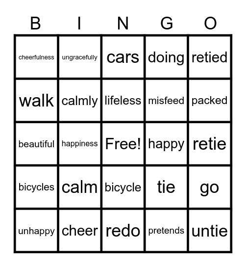 Prefixes/Suffixes/Root words Bingo Card