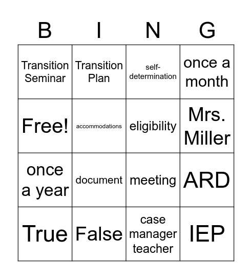 Transition Vocabulary Review Bingo Card