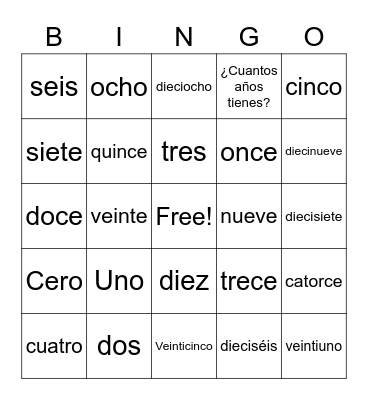 Numeros 0-21 Bingo Card