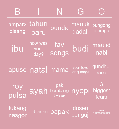 <3 Bingo Card