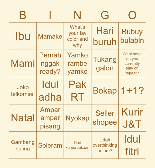 Y's Bingo Card