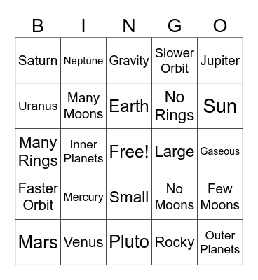 Solar System Bingo Card