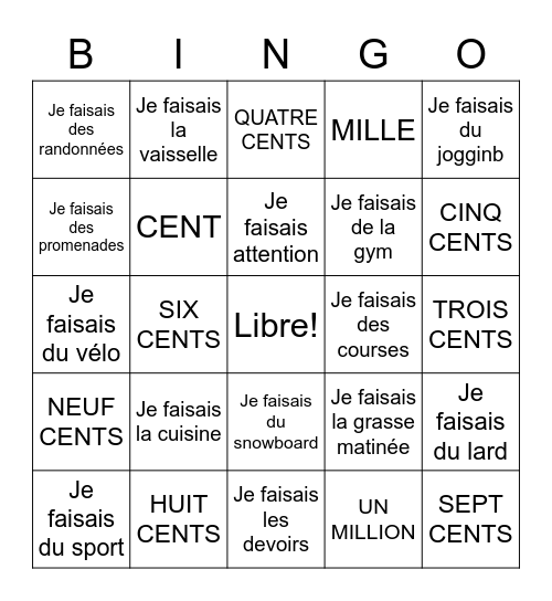 Intermediate FAIRE / Imparfait Bingo Card