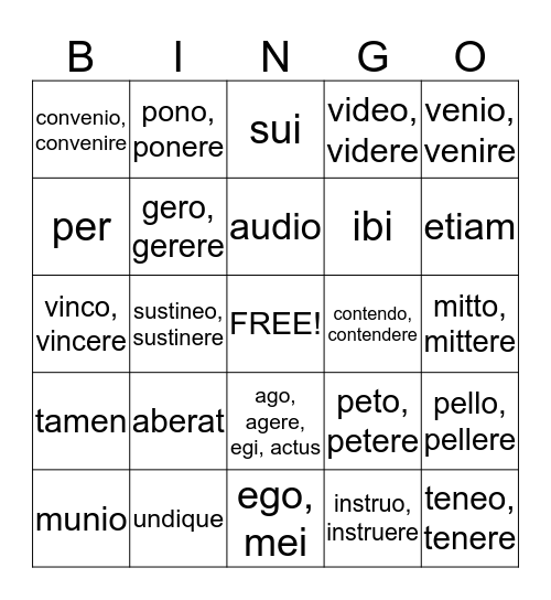 Latin Verbs Lessons 10-14 Bingo Card