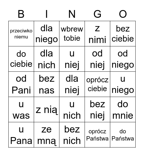 Pronomen und Praepositionen Bingo Card