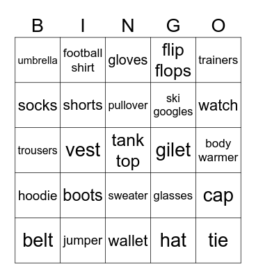 Clothes Bingo Card