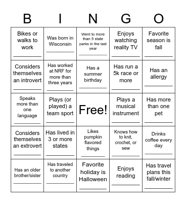 NRF Fall Outing Bingo Card