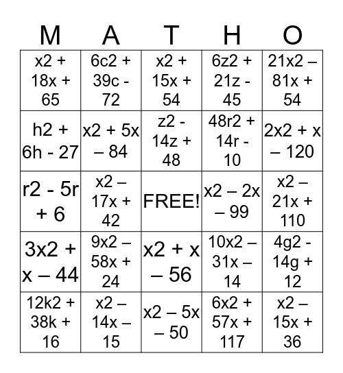 Multiply Binomials Bingo Card