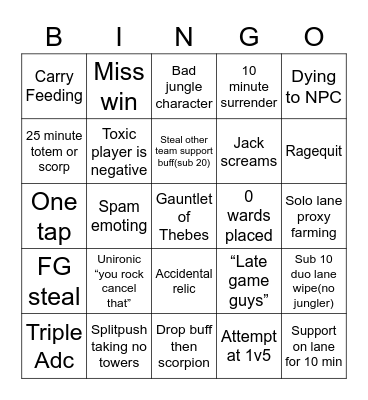 Smite Bingo Card