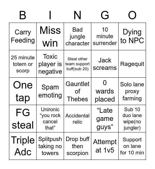 Smite Bingo Card