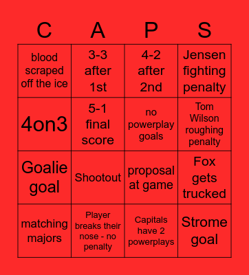 Capitals vs Rangers 10/13 Bingo Card