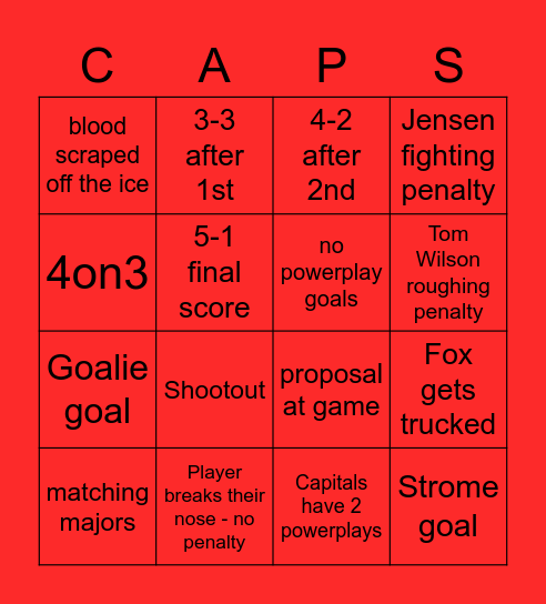 Capitals vs Rangers 10/13 Bingo Card