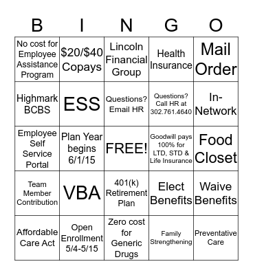 Benefits Bingo Card