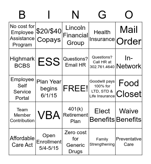 Benefits Bingo Card