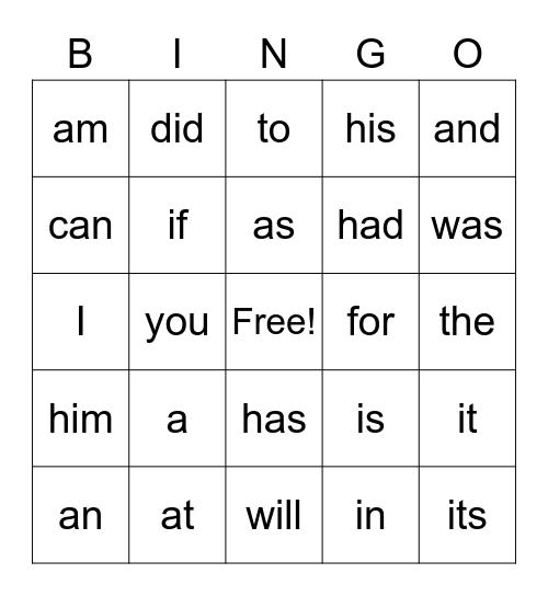 Sight Word Bingo Card