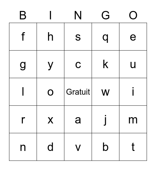 French Alphabet Bingo Card