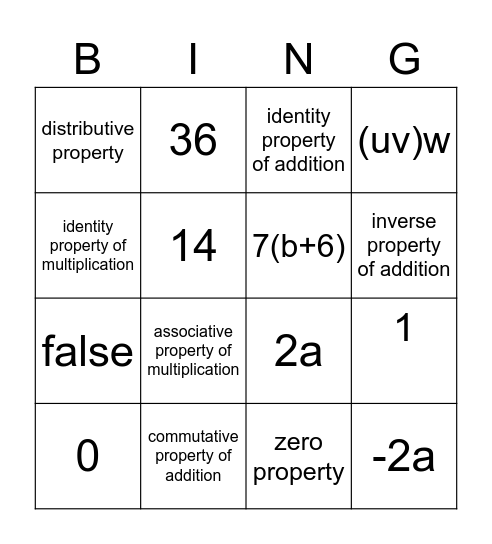 Number Properties Bingo Card