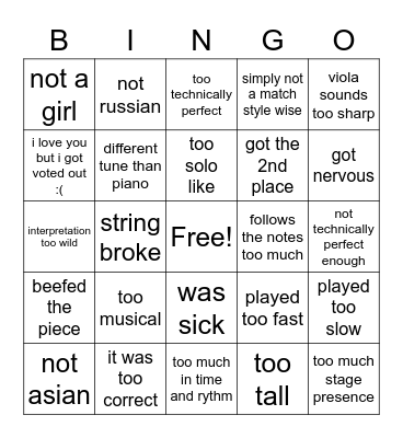 Audition Bingo Card