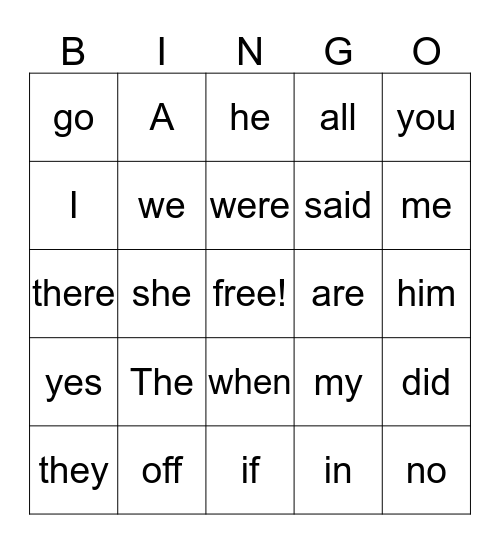 Word Bingo Card