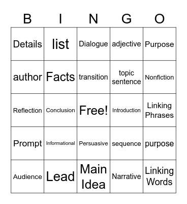 1st-3rd Grade Literacy Terms Bingo Card