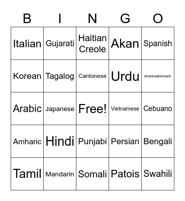 Languages in our Community! Bingo Card