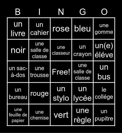 French School Supplies and Colors Vocabulary Bingo Card