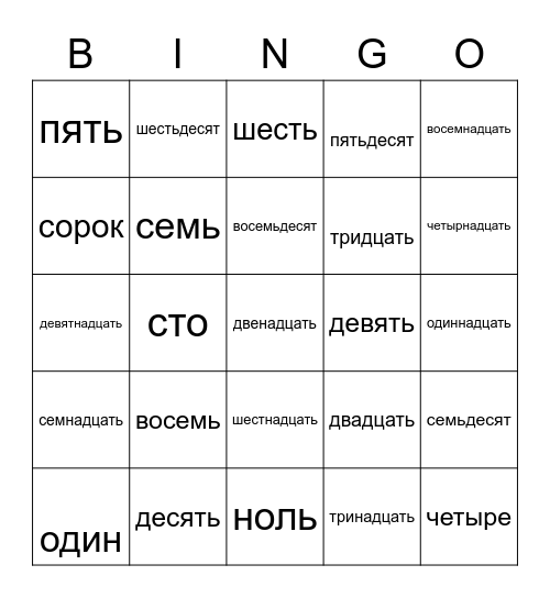 Russian numbers Bingo Card