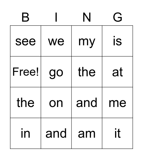 Sight Words Bingo Card