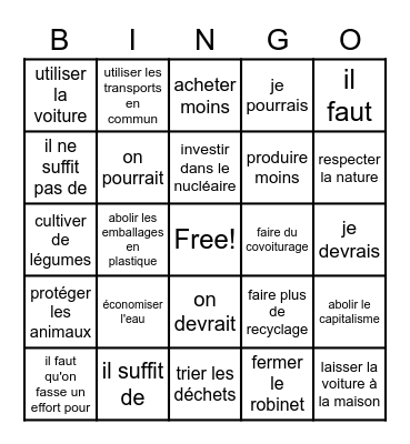 Comment aider l'environnement? Bingo Card