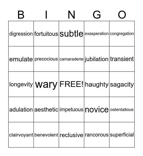 ACT VOCABULARY Bingo Card