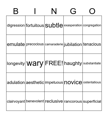 ACT VOCABULARY Bingo Card