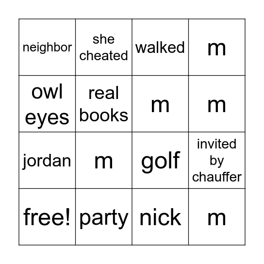 The Great Gatsby Bingo Card