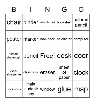 Classroom Objects Bingo Card