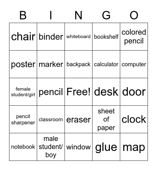 Classroom Objects Bingo Card