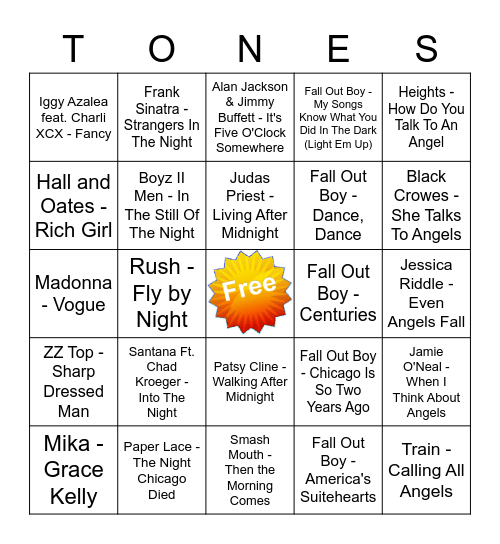 Game Of Tones 1/13/22 Game 1 Bingo Card