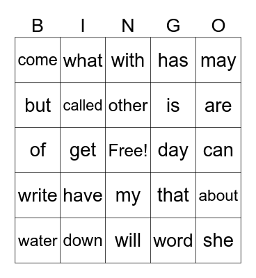 Seeing Stars Sight Words Bingo Card
