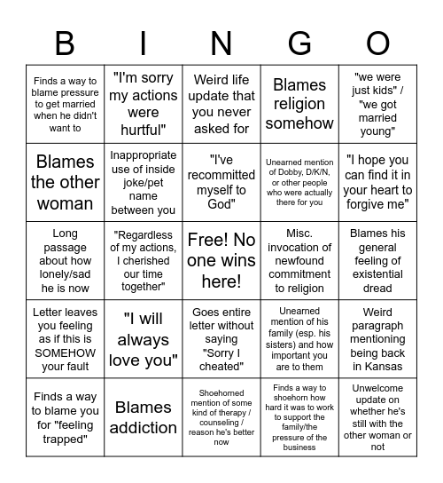 Asshole Apology Bingo Card