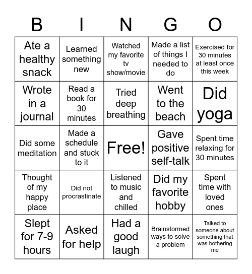 Stress Management Tips/Tricks Bingo Card