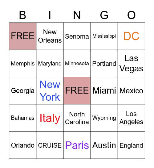 US & WORLD TRAVEL Bingo Card