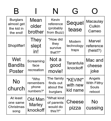 New Home Alone Bingo Card
