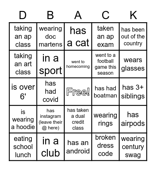 DBACK BINGO Card